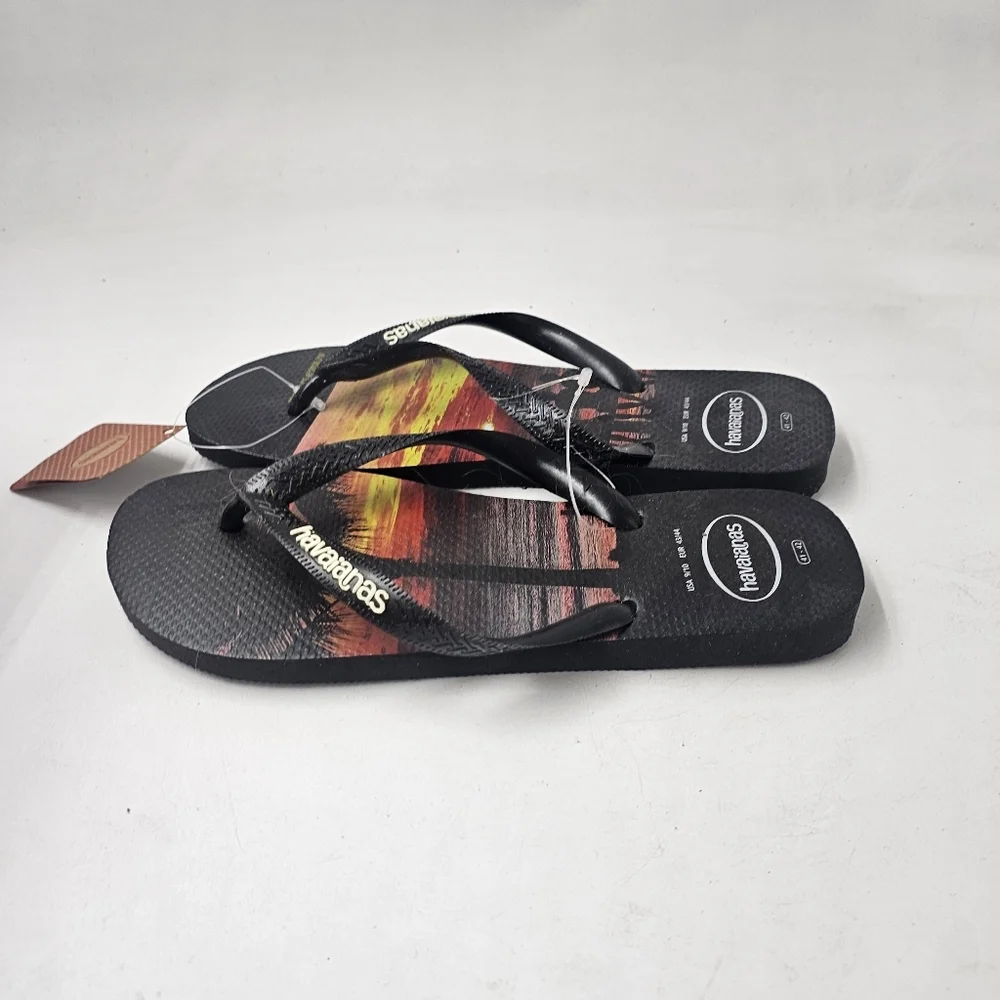 Havaianas Hype Massaguacu Beach Sunset Graphic Flip Flops Black Sz 41/42 NWT